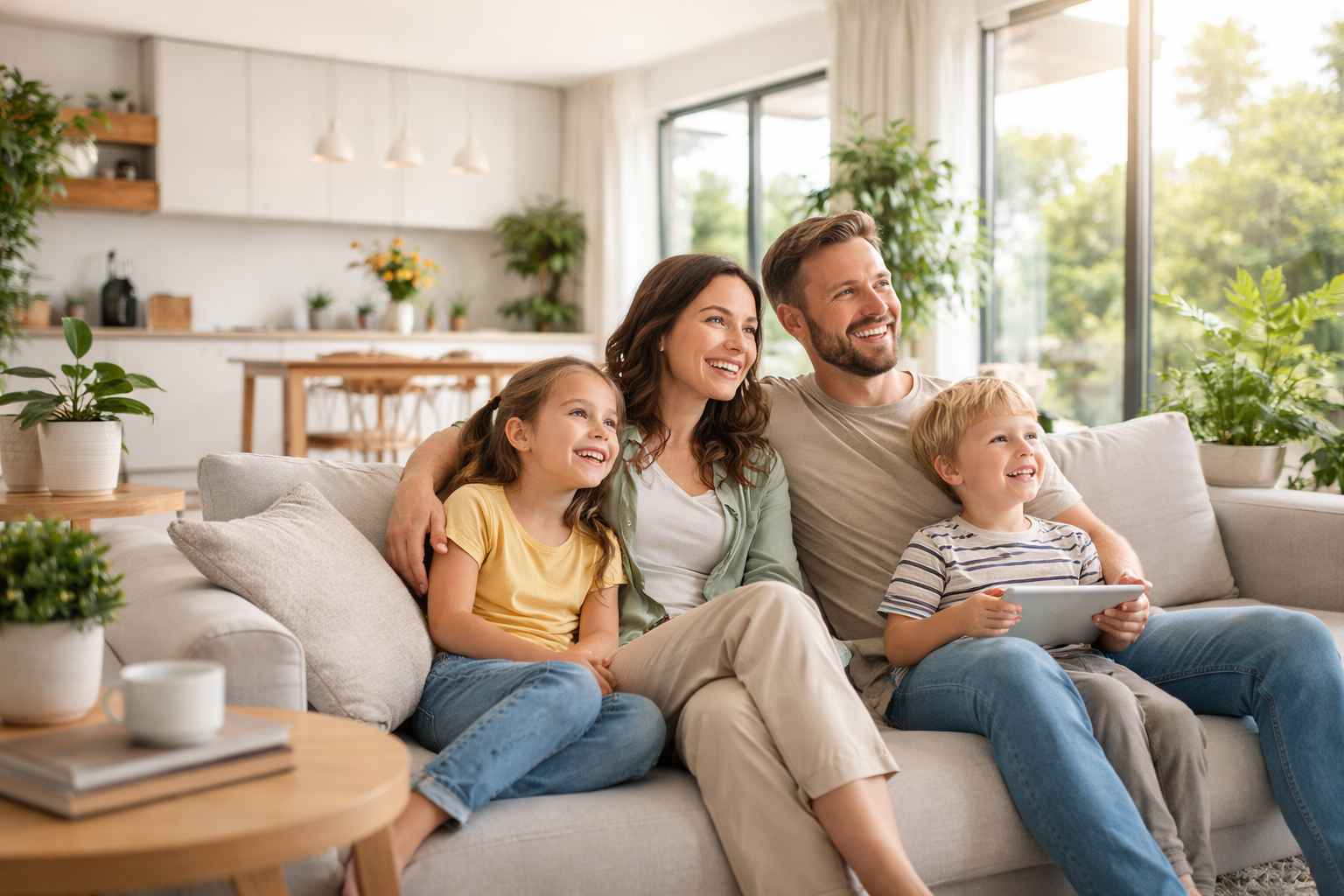 Famiglia rilassata in casa luminosa e confortevole grazie a soluzioni per il risparmio energetico