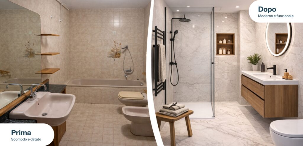 Prima e dopo ristrutturazione bagno da ambiente datato a moderno e funzionale